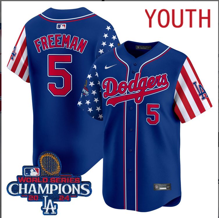 Youth MLB Los Angeles Dodgers #5 Freeman American Style blue 2024 World Series Champions  Limited Jersey->youth mlb jersey->Youth Jersey